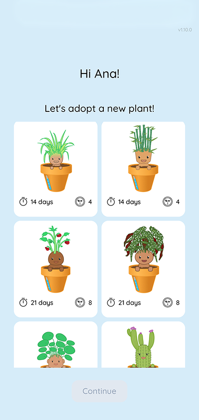 Actual HappyPlant app: choosing a virtual plant to adopt