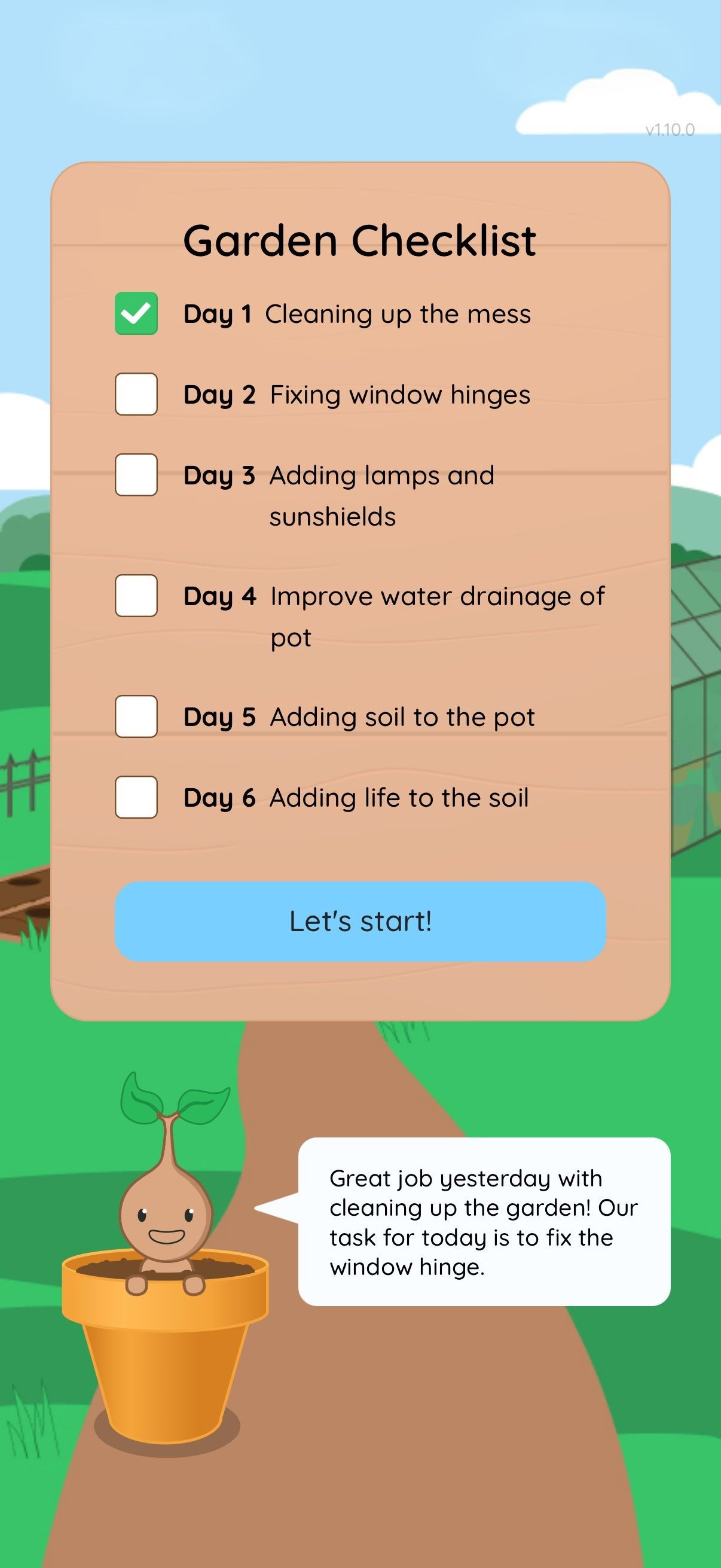 Actual HappyPlant app: garden checklist and a growing plant