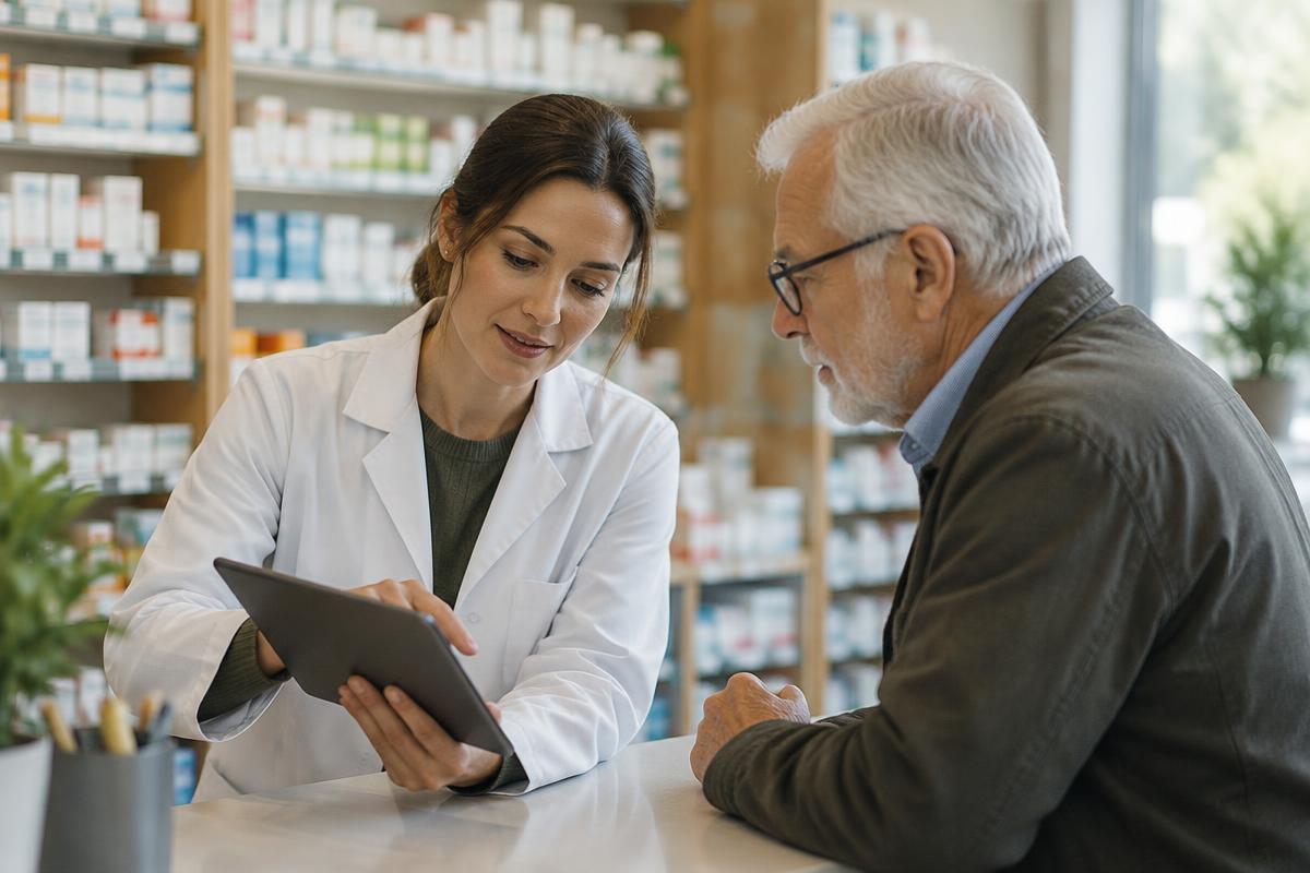Community pharmacist and older patient reviewing information on a tablet