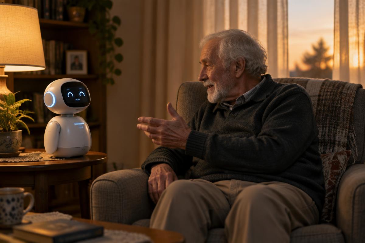 Small white social robot companion in a living room, talking with an older man