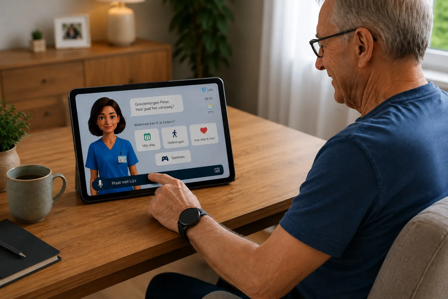An older man smiling while using a tablet showing the Lizz digital companion at a table