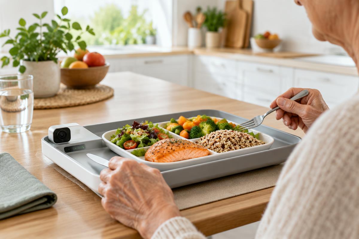 Smart food tray with a sensor module and a healthy meal in a bright kitchen