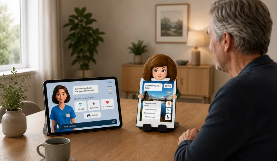 A tablet on a desk showing the Lizz digital companion chat interface, with a small Lizz robot figure beside it
