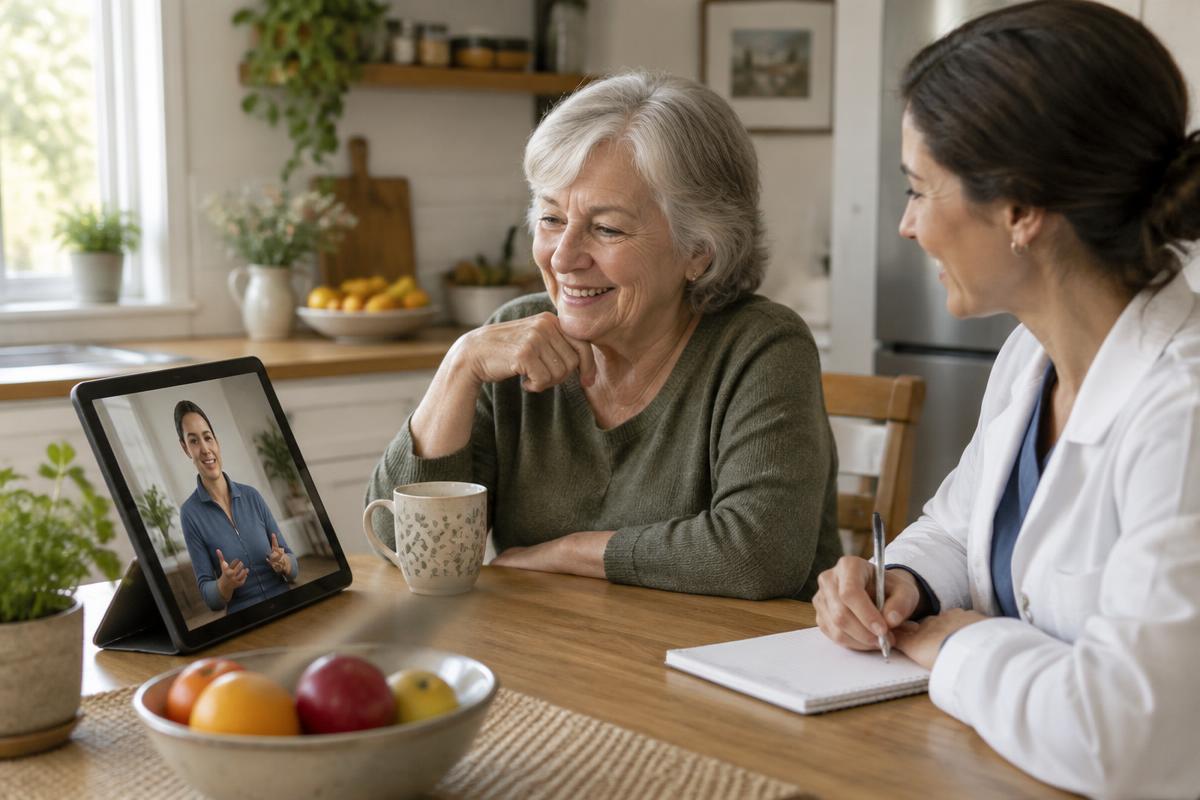 Older woman talking with an embodied digital coach on a tablet while a dietitian takes notes
