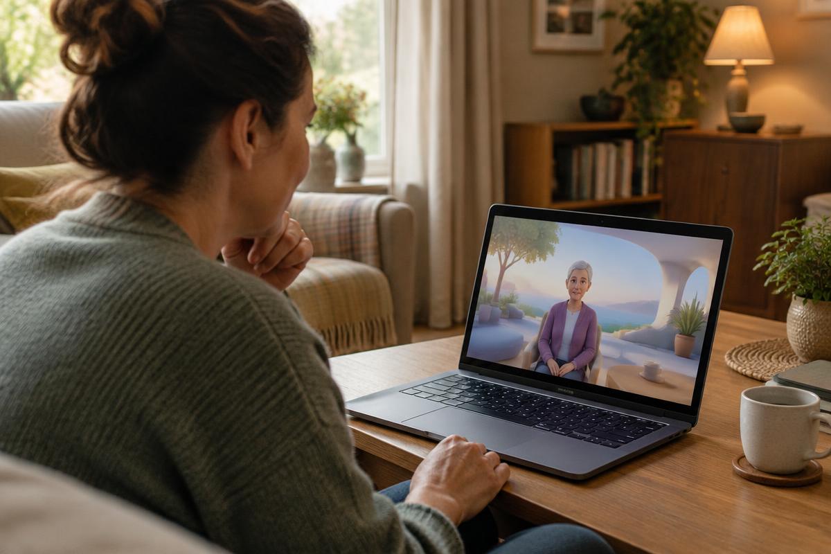 Informal caregiver practising a care conversation in a personalised 3D simulation on a laptop