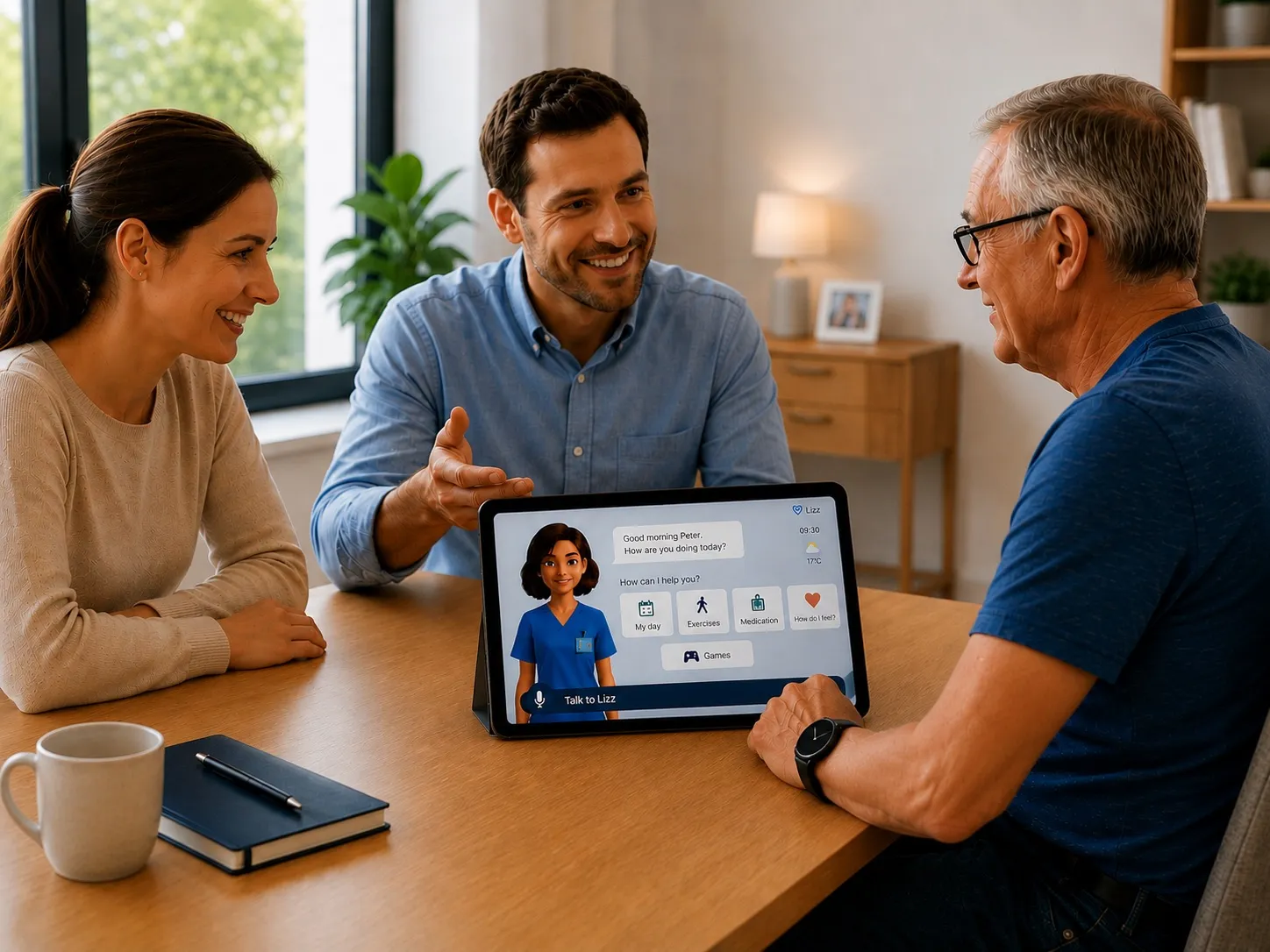 Colleagues gathered around a table discussing a tablet showing the Lizz app
